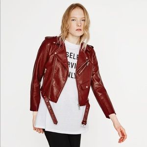 Zara Burgundy Faux Leather Jacket with Belt